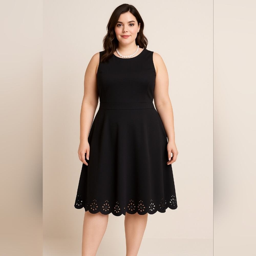 Loft Black Sleevekess Stretch Fit & Flare Scalloped Dress z 14 #1108